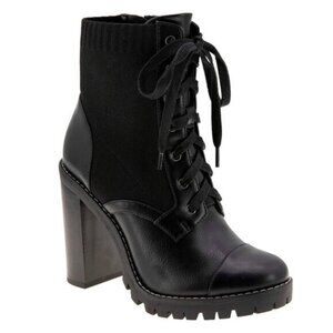 BCBGENERATION Womens Black Stretch Cushioned Lug Sole Lace Pilas Cap Booties